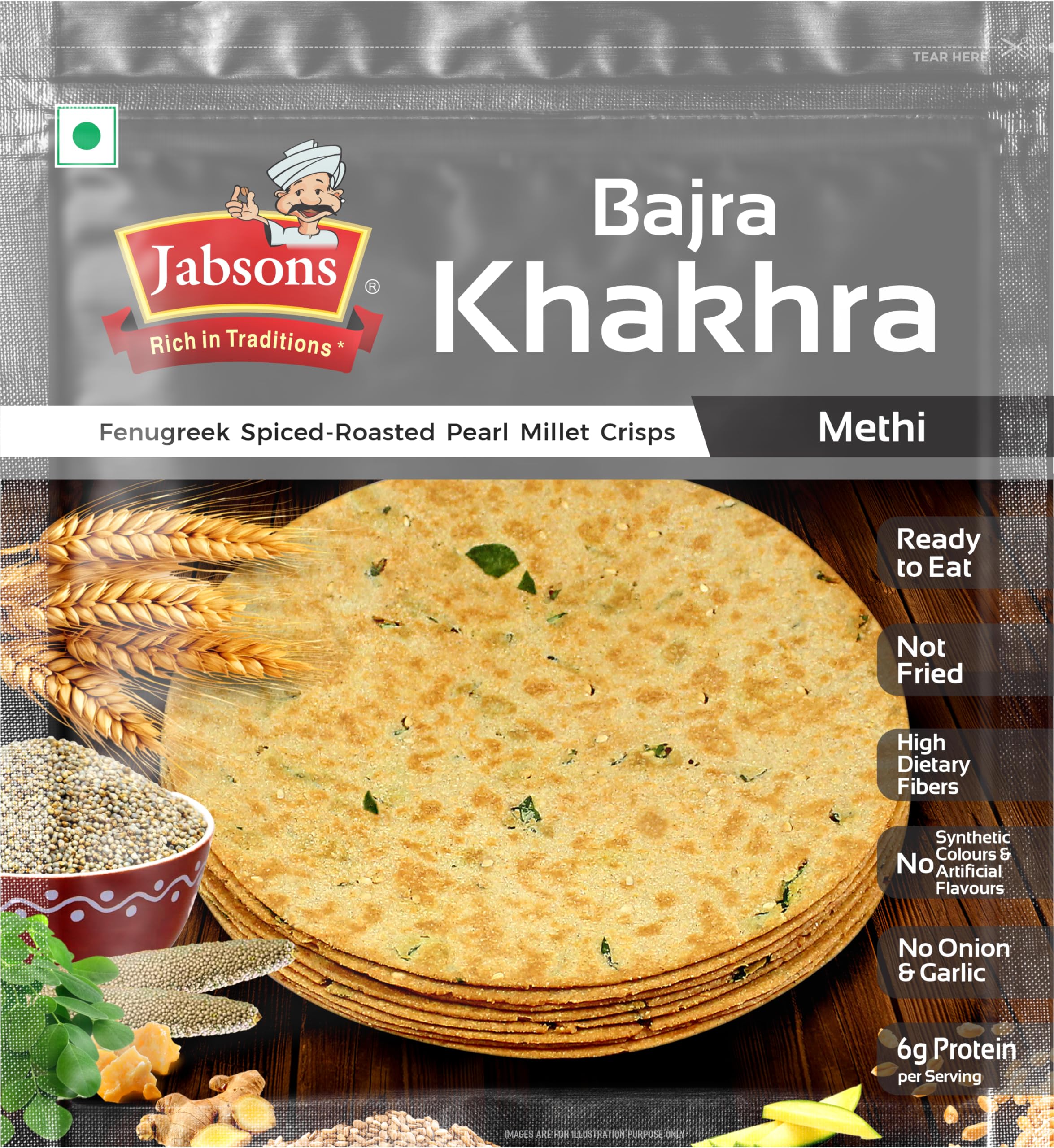 Jabsons Roasted Methi Khakhra 180gm (Pack of 6)| No Onion No Garlic | Ready To Eat|Vacuum Packed | Gujarati Traditional Indian Crisp, Healthy and Crunchy Snack, Flavored with Fenugreek